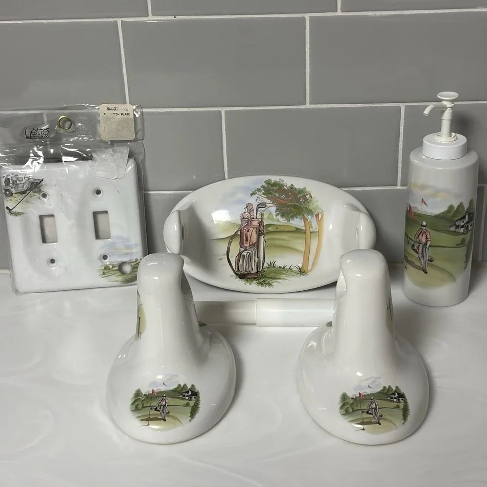 Macbirdie Ceramic Golf Themed Bathroom 4 Piece Set Vintage Soap Bottle Towel Bar